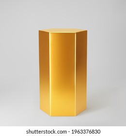 Gold 3d hexagon podium with perspective isolated on grey background. Product podium mockup in hexagon shape, pillar, empty museum stage or pedestal. 3d basic geometric shape vector illustration