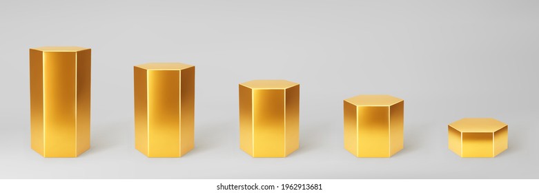 Gold 3d hexagon podium set with perspective isolated on grey background. Product podium mock up in hexagon shape, pillar, empty museum stages or pedestal. 3d basic geometric shape vector illustration