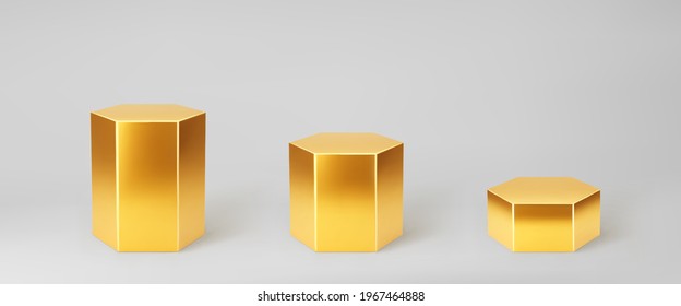 Gold 3d hexagon podium set with perspective isolated on grey background. Product podium mockup in hexagon shape, pillar, empty museum stages or pedestal. 3d basic geometric shape vector illustration