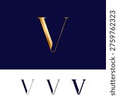 Gold 3D letter V for logo, including set of four different golden letters perfect for your logotypes, vector illustration 10EPS