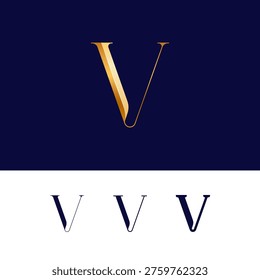 Gold 3D letter V for logo, including set of four different golden letters perfect for your logotypes, vector illustration 10EPS