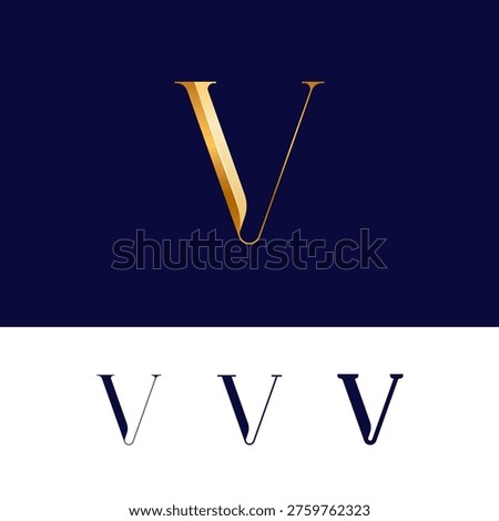 Gold 3D letter V for logo, including set of four different golden letters perfect for your logotypes, vector illustration 10EPS