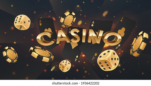 Gold 3d letters Casino with falling golden poker chips, tokens, dices, playing cards on black background with lights, sparkles and bokeh. Vector illustration.