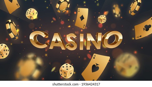 Gold 3d letters Casino with falling golden poker chips, tokens, dices, playing cards on black background with lights, sparkles and bokeh. Vector illustration.