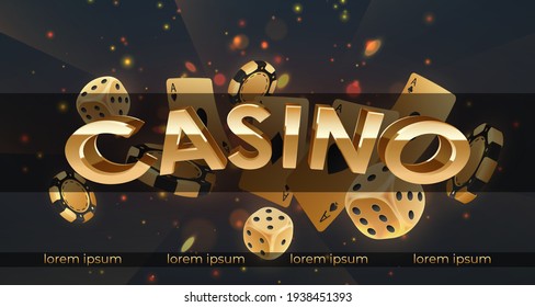 Gold 3d letters Casino with falling golden poker chips, tokens, dices, playing cards on black background with lights, sparkles and bokeh. Vector illustration.