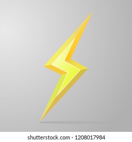 Gold 3D lightning. Lightning logo. Vector illustration of lightning with shadow, isolated on gray background with light from upper left corner.