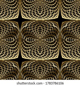 Gold 3d lines seamless pattern. Ornamental line art fractals background. Abstract repeat luxury backdrop. Arabesque style floral lace design with lines, shapes, flowers. Endless modern grid texture. 