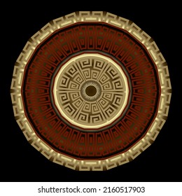 Gold 3d Mandala. Ancient round greek ornament. Vector beautiful pattern. Antique golden mandala with greek key meanders ornament, frame, border. Ornamental colorful design. Luxury ornate background.