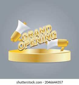 Gold 3d megaphone and podium grand opening text illustration design, great for background, banner, celebration, sale etc.