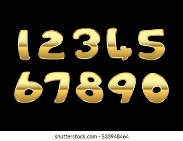 Gold 3d metallic numbers set. Golden metal texture font, isolated on black background. Luxury type symbols. Elegant typography graphic. Bright royal style typeset decoration. Vector illustration