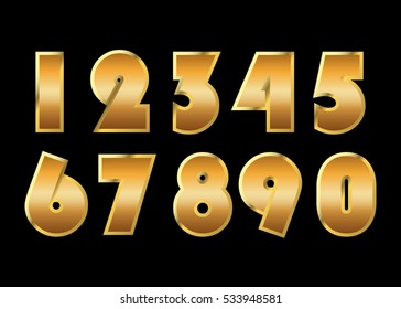 Gold 3d metallic numbers set. Golden metal texture font, isolated on black background. Luxury type symbols. Elegant typography graphic. Bright royal style typeset decoration. Vector illustration