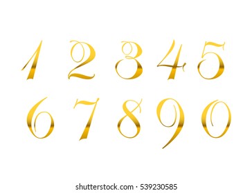 Gold 3d metallic numbers set. Golden metal texture font, isolated on white background. Luxury type symbols. Elegant typography graphic. Bright royal style typeset decoration. Vector illustration