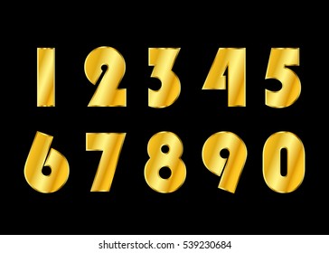 Gold 3d metallic numbers set. Golden metal texture font, isolated on black background. Luxury type symbols. Elegant typography graphic. Bright royal style typeset decoration. Vector illustration