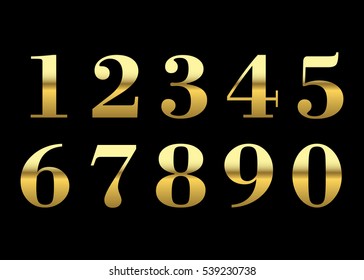 Gold 3d metallic numbers set. Golden metal texture font, isolated on black background. Luxury type symbols. Elegant typography graphic. Bright royal style typeset decoration. Vector illustration