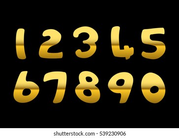 Gold 3d metallic numbers set. Golden metal texture font, isolated on black background. Luxury type symbols. Elegant typography graphic. Bright royal style typeset decoration. Vector illustration