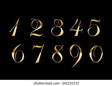 Gold 3d metallic numbers set. Golden metal texture font, isolated on black background. Luxury type symbols. Elegant typography graphic. Bright royal style typeset decoration. Vector illustration