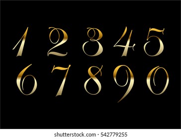 Gold 3d metallic numbers set. Golden metal texture font, isolated on black background. Luxury type symbols. Elegant typography graphic. Bright royal style typeset decoration. Vector illustration