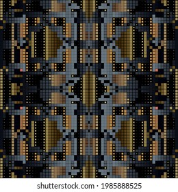 Gold 3d mosaic seamless pattern. Textured halftone squares background. Repeat ornate half tone backdrop. Pixel grid geometric ornament. Luxury modern vector design. Endless surface texture. Wallpaper.