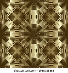 Patrón sin fisuras del mosaico dorado 3d. Los cuadrados de oro vectorial tienen el fondo de medio tono. Repetir fondo abstracto geométrico. Ornamentos digitales modernos de píxeles. Decoración de lujo. Una textura brillante interminable de medio tono.