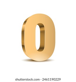 Gold 3d number 0 with a shadow on a white background. Digit zero High quality Vector illustration