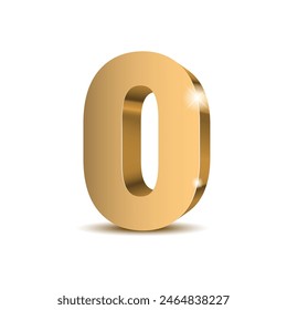 Gold 3d number 0 with a shadow on a white background. Digit zero High quality Vector illustration