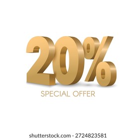 Gold 3D número 20 representando vinte por cento em um modelo de cartaz elegante, ideal para promoções de venda, ofertas de desconto, exibições de progresso do trabalho e campanhas de marketing em formato vetorial.