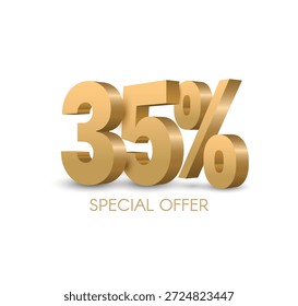 Gold 3D number 35 representing twenty five percent on a sleek poster template, ideal for sale promotions, discount offers, work progress displays, and marketing campaigns in vector format.