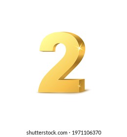 Gold 3d number two. Vector collection of numbers. Vector illustration on a white background.