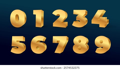 Gold 3d numbers. 0, 1, 2, 3, 4, 5, 6, 7, 8, 9 symbol set. Birthday golden metal numbers. Golden numbers set. Realistic 3D vector. Vector illustration isolated numbers.