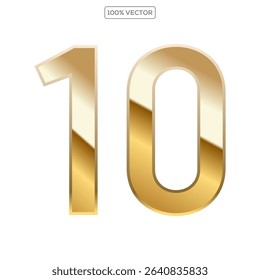 Gold 3d numbers 10 with endings made of golden isolated on transparent background. Vector elements template