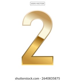 Gold 3d numbers 2 with endings made of golden isolated on transparent background. Vector elements template