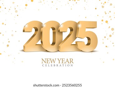Gold 3D numbers 2025 on shiny confetti background. Design of 2025 lettering with sans serif bold font on white background. Template for New Year 2025 celebration greeting card or poster. Vector