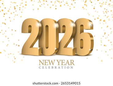 Gold 3D numbers 2026 on shiny confetti background. Design of 2026 lettering with sans serif bold font on white background. Template for New Year 2026 celebration greeting card or poster. Vector