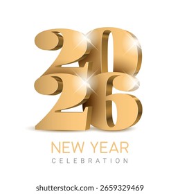 Gold 3D numbers 2026 on shiny confetti background. Design of 2026 lettering with sans serif bold font on white background. Template for New Year 2026 celebration greeting card or poster. Vector