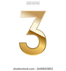 Gold 3d numbers 3 with endings made of golden isolated on transparent background. Vector elements template