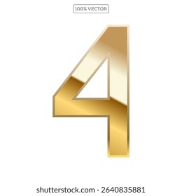 Gold 3d numbers 4 with endings made of golden isolated on transparent background. Vector elements template