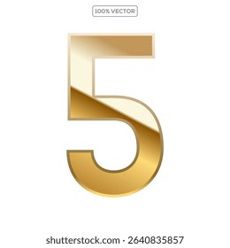 Gold 3d numbers 5 with endings made of golden isolated on transparent background. Vector elements template