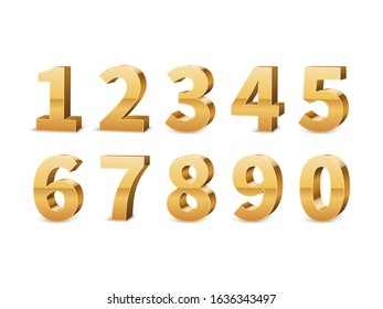 Gold 3d numbers. Big golden number luxury symbols for typography elegant design, yellow conceptual typeface anniversary elements contemporary isolated vector set