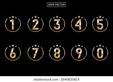 Gold 3d numbers. Symbol set. Vector illustration in black background