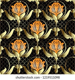 Gold 3d ornate Damask vector seamless pattern. Ornamental grid lattice background. Hand drawn vintage floral ornament. Elegance golden patterned abstract flowers, leaves. Beautiful modern design. 