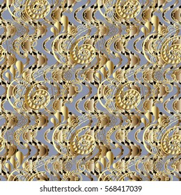 Gold 3d paisley seamless pattern. Surface light background. Ornate elegant wallpaper with golden abstract floral ornaments and vertical striped waves. Vector luxury fabric texture.