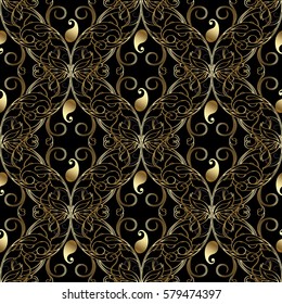 Gold 3d paisley seamless pattern. Vintage black background. Luxury damask wallpaper. Decorative antique flowers and line art ornaments in Victorian style. Vector surface texture for fabric, textile. 