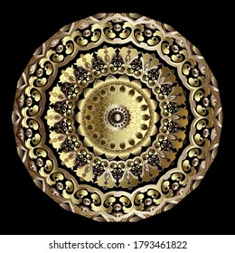 Gold 3d Paisley vector mandala pattern. Ornamental modern background with round golden ornaments. Golden leaves, Paisley flowers, circles. Surface texture. Decorative ornate luxury design.