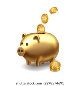 Gold 3d piggy bank with golden coins isolated on white background. Vector