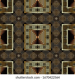 Gold 3D plaid Vektorillustration nahtlos Muster. Abstrakte Linien im griechischen Stil sind türkiser Hintergrund. Moderne, neuartige, geometrische Kulisse. Griechischer Schlüssel mischt goldenes Ornament. Quadratische Stammesrahmen, gewellte Linien, Ränder.