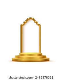 Gold 3d Podium mit Rahmen auf weißem Hintergrund. Abstrakte leere goldene Verleihplattform mit glühendem Bogen. Vektorillustration für Produktpräsentationen, Preisverleihungen, luxuriöse Präsentationen.