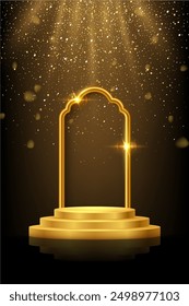 Gold 3d podium with frame on black background. Abstract empty golden award platform with glowing arch and glitter confetti sparkle falling rain. Vector illustration for product presentation.