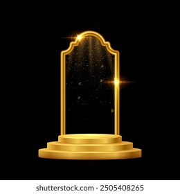 Gold 3d podium with frame on black background. Abstract empty golden award platform with glowing arch and glitter confetti sparkle falling rain. Vector illustration for product presentation.