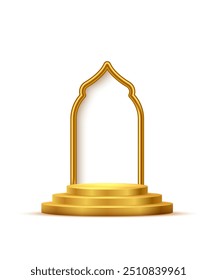 Gold 3d podium with frame on white background. Abstract empty golden award platform with glowing arch. Vector illustration for product displays, award ceremonies, luxurious presentations.
