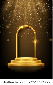 Gold 3d podium with frame on black background. Abstract empty golden award platform with glowing arch and glitter confetti sparkle falling rain. Vector illustration for product presentation.